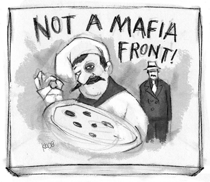 Pizza Box labeled Not A Mafia Front, with beaten up chef on cover