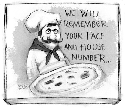 Pizza Box labeled We Will Remember Your Face And House Number