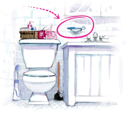 A drawing of Kevin Cornell's Bathroom with the toothbrush circled