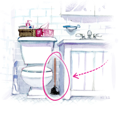 A drawing of Kevin Cornell's Bathroom with the plunger circled