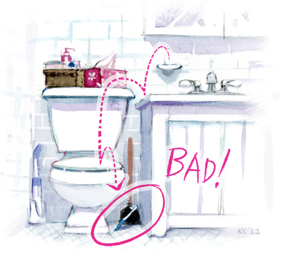 A drawing of Kevin Cornell's toothbrush falling and landing on the toilet plunger