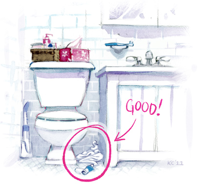 A drawing of Kevin Cornell's Bathroom with a pile of toothpaste in place of the plunger