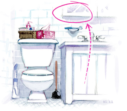 A drawing of Kevin Cornell's Bathroom with the medicine cabinet circled